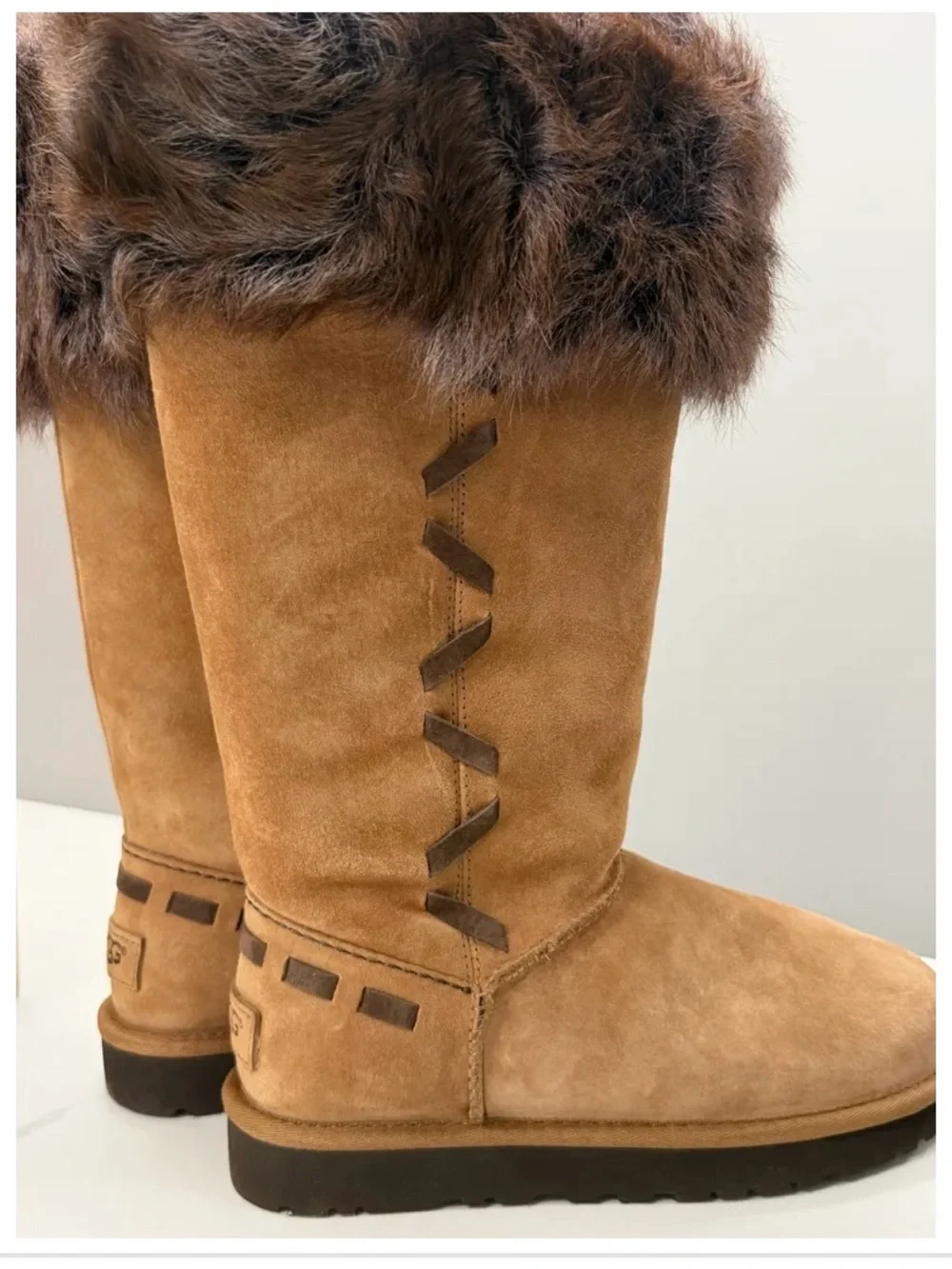 UGG Women's Tan Suede Mid-Calf Boots with Dark Brown Fur Cuff